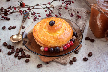 Roll cottage cheese with berries selective focus