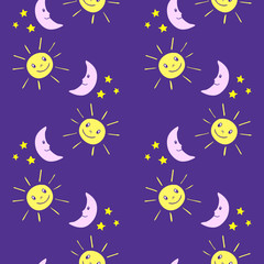 Seamless kids pattern with funny cartoon moon, sun, stars. Vector background.