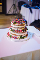 wedding rustic cake with fresh fruits green leaves and living natural flowers