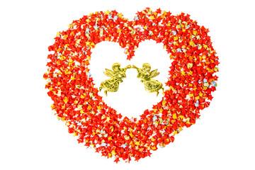 red star paper heart shape on white background with angel with c