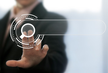 Internet search business web computer template concept. Fingers touching search button with...