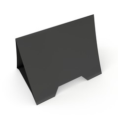 Black paper tent card. 3d render illustration isolated. Table card mock up on white background.