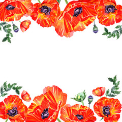 Frame with red watercolor poppy flowers. Greeting card