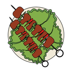 skewer with grilled food over white background. steak house concept. colorful design. vector illustration