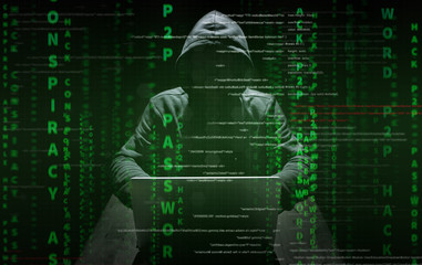 hacker at work with graphic user interface around