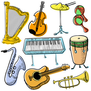 Musical instruments doodle vector set. Cute line art simply illustration