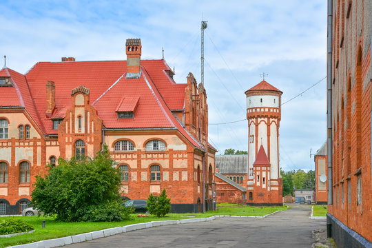 Old German houses and water tower in East Prussia