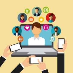 hands with smartphones and laptop computer with man and social media icons around over yellow background. colorful desing. vector illustration