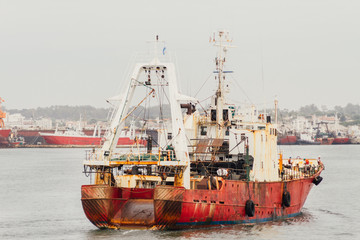 Naklejka premium Fishing boat entering the port of Mar del Plata, Argentina
