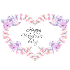 Illustration, wreath with watercolor heart of pink and purple flowers, hand drawn on a white background, invitation, greeting card, wedding design