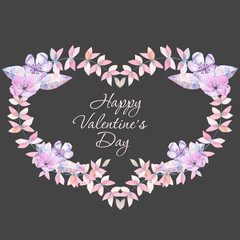 Illustration, wreath with watercolor heart of pink and purple flowers, hand drawn on a dark background, invitation, greeting card, wedding design