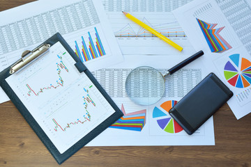 Financial printed paper charts, graphs and diagrams