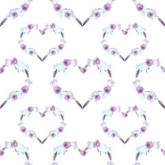 Seamless pattern with watercolor hearts of purple flowers, hand drawn on a white background