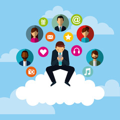 man using a smartphone and social media icons around over sky background. colorful design. vector illustration