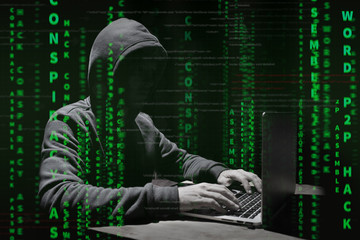 hacker at work with graphic user interface around