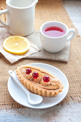 cake on a white plate selective focus