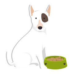 cute dog with dish food isolated icon vector illustration design