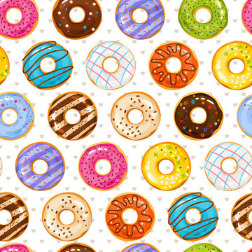 Powdered Donut Dessert Background. Donuts And Little Love Hearts Seamless Pattern