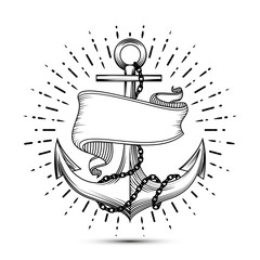 Vintage anchor with ribbon sketch sailor tattoo vector illustration © K3Star
