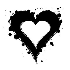 Vector graphic grunge illustration of heart sign with ink blot, brush strokes, drops isolated on the white background. Series of artistic illustration with splash, blots and brush strokes.