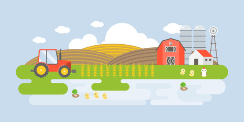 Fototapeta na wymiar Rural landscape illustration with farm building, barn, wheat, tractor, lake, mallard. Agricultural business and organic products concept