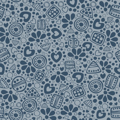 Seamless vector decorative hand drawn pattern. Ethnic endless background with ornamental decorative elements with traditional motives, tribal geometric figures, dots and flowers.