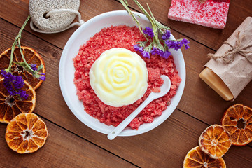 Spa set, handwork soap and bath salt selective focus