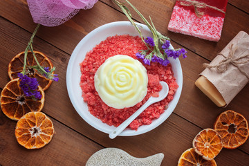 Spa set, handwork soap and bath salt selective focus