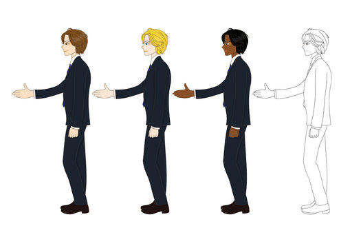 Set Handsome Business Man Giving Hand for Handshake. Full Body Vector Illustration isolated on White Background