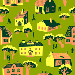 Obraz na płótnie Canvas Seamless pattern with houses. Cute town vector illustration. Architecture background