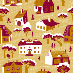 Seamless pattern with houses. Cute town vector illustration. Architecture background