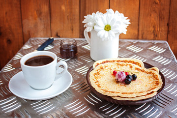 Pancakes, coffee. Breakfast. Selective focus