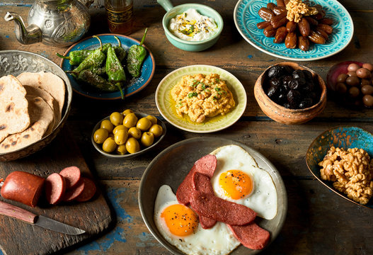 Assortment of delicious arabic and turkish breakfast plates