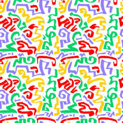  Abstract seamless pattern. Hand drawn artistic ink curves. Red, yellow, green and violet colors