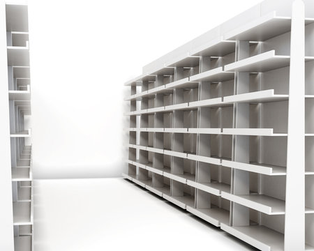 Row of racks with shelves isolated on white background. 3d rende