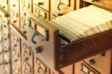 Vintage color image for open wooden boxes with index cards in library, Selective focus and Close up image