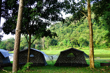 The camping tent and backpack in natural park