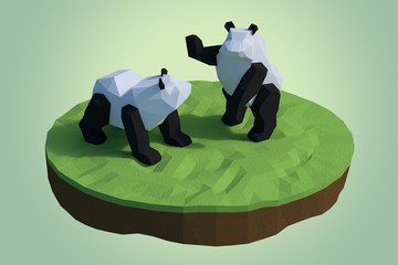 Panda bears play on green grass © Chonnajak.Bk