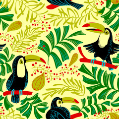 Tropical summer seamless pattern. Background with toucan birds ana tropical plants