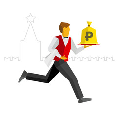 Waiter in red vest and black trousers runs with bag of rubles on a tray. With paintbrush trace in the shape of circle. Kremlin silhouette at the back. Simple flat style vector illustration.