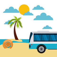 bus and hat on the beach. colorful design. travel and tourism concept. vector illustration