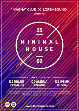 "Minimal house" party poster. Futuristic flyer design. Abstract background with line shapes in motion. Eps10 vector template.