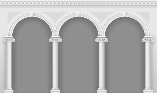 Antique white arcade with Ionic columns. Three arched entrance or niche. Vector graphics