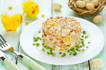 Easter salad with chicken, corn, egg and carrot