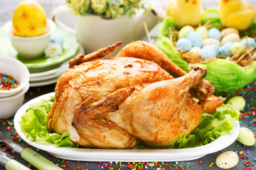 Roasted Easter chicken on Easter table