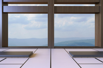 Simple Modern Japanese living room and Seats minimal views of mountains and sky Background