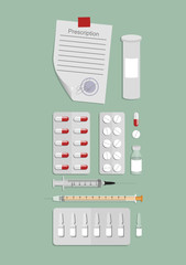 medical products - syringes, drugs, pills, prescription in a flat design