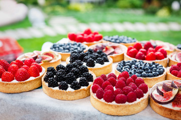 Fruit and berry tarts dessert tray assorted outdoors