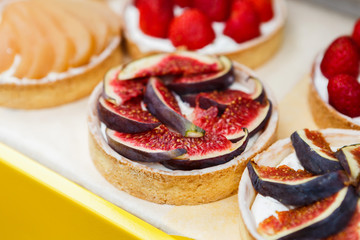 Closeup of fig tart dessert tray assorted
