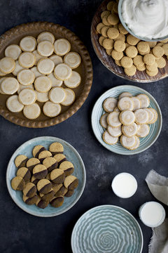 Shortbread Cookie Bar served with milk. Photographed from top vi